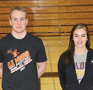 PLAYERS OF THE YEAR — Dane Lew (left) and Elizabeth Fasbender (right) were chosen as the 2016-2017 Dunn-St. Croix Basketball Players of the Year for their respective teams. The two Elk Mound seniors professed a love of the sport and gratitude for being recognized this season. —photo by Cara L. Dempski