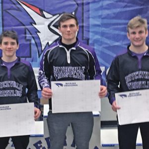 TITLIST TRIO — Boyceville had three champions crowned in last Saturday's Bluejay Challenge in Merrill. From left to right are: Joasiah Berg, 113-pound champion; Trett Joles, 182-pound champion; and Brock Schlough, 152-pound champion and the tournament's "Outstanding Wrestler". —photo submitted
