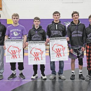 BOYCEVILLE HAD SIX WRESTLERS qualify for the state wrestling championships for a second consecutive years. Three Bulldogs won championships at the Division 3 Independence Sectional tournament held last Saturday, February 16 while two others finished second and one took third to qualify for the 2019 WIAA State Individual Wrestling Championships. Competing in Madison this week are, from left to right: Ira Bialzik, sectional third at 126 pounds; Brock Schlough, sectional champion at 152 pounds; Josiah Berg, sectional champion at 106 pounds; Trett Joles, sectional champion at 182 pounds; Nick Goodell, sectional third at 138 pounds; and Nathan Stuart, sectional runner-up at 120 pounds.