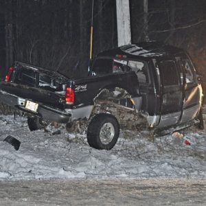 FATAL CRASH — Scott A. Gossel, 36 of Wilson, lost his life when the Ford F-250 pickup truck, pictured above, he was driving along US Highway 12 in the Town of Baldwin early Saturday morning, February 2 left the road roadway and struck a power pole. Gossel was pronounced dead at the scene. —photo submitted