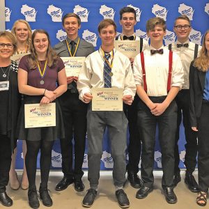 THE COLFAX FBLA attended a regional Leadership Conference in Superior on Saturday, February 2. Those members attendings included, front row, left to right: Adviser Kara Zutter, Alyssa Dachel, Edward Doerr, Nathaniel Lee and Rachel Knutson. Back row, left to right: Taylor Meyer, Tanner Nierenhausen, Drew Gibson and Pierce Harvey. —photo submitted