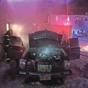 FIRE DID CONSIDERABLE DAMAGE to this car belonging to Kenan Cook. The Glenwood City Fire Department was called at 6:21 p.m. last Thursday for the fire at 109 East Elm Street. There were no injuries reported. —Fire Department photo