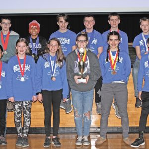 THE BOYCEVILLE Science Olympiad Middle School team took first place at Regionals this past Saturday. In Science Olympiad, the team with the lowest score wins. The Bulldogs accumulated 41 points, beating second place Menomonie by one point. The team will compete in the state meet held at UW-Stout on March 16, 2019. Front row (L to R): Levi Becker, Lauren Becker, Mariah Marvin, Kayden Benson, Shiloh Wheeldon and Zach Kersten. Back row, (L to R): Logan Windsor, Caden Wold, Peter Wheeldon, Parker Coombs, Luke Becker and Elijah Farrell. —photo by Steve Duerst
