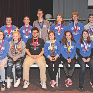 THE BOYCEVILLE HIGH SCHOOL Science Olympiad teams competed in Menomonie at Regionals on Saturday, February 23. The varsity earned second place and will move on to the State meet to be held at UW-Stout on March 16th. Shown in front row are (L to R): Ana Evenson, Tyra Kostman, Brandon Nunnery, Sarah Kapsner, Rachel Becker, Jasmine Windsor and Noelle Wheeldon. Back row (L to R): Coach Andy Hamm, Brady Helland, Nathan Corr, Cade Klefstad, Grace Edlin, Mark Timper and Connor Sempf. —photo by Steve Duerst
