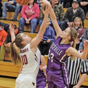 THE TIP — Kady Grambow, right, got the opening tip in the Bulldogs road game in Spring Valley. —photo by Rochelle Olson