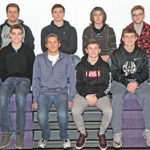 BOYCEVILLE once again dominated the selections for this year's Dunn-St. Croix All-Conference Wrestling teams. Nine Bulldogs earned honors, the most of any D-SC team. Front row (L to R): Ira Bialzi, Nick Goodell, Nate Stuart and Tyler Dormanen. Back row (L to R): Josh Marzofka, Trett Joles, Eli Swanson and Brcok Schlough, who was named the conference's wrestler of the year after winning his fourth straight individual state wrestling title February 23. Missing from the photo is Josiah Berg. —photo by Shawn DeWitt