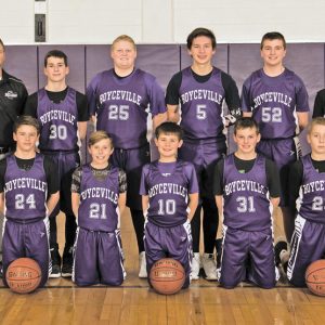 THE 7TH Grade Boyceville Basketball Team Finished the season undefeated at 28-0. The Boyceville Boys’ 7th grade basketball team for the third season in a row finished the season undefeated. The squad ended the season 28-0. After their school ball season the team played tournaments in the IBBL league and the GNBL league. This season the team averaged scoring over 45 points a game while only giving up 16. Over the last three years, the team is 60- 0. The team is very unselfish and disciplined, according to coach Brian Roemhild, and has set high goals to continue to improve in the off season. Coach Roemhild said that Jake Peterson, Greg Wold and Steve Olson assisted during the season. Members include, in front row (L to R): Braden Roemhild, Wyatt Sell, Zach Kersten, Paul Kurschner and Devin Halama. Back row (L to R): Coach Brian Roemhild, Nick Olson, Grant Kaiser, Taheton Downey, Parker Coombs and Caden Wold. —photo submitted