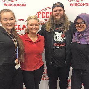 GOLD-MEDAL WINNERS — Boyceville FCCLA members posed with Chris Kroeze, Barron native and runner-up of season 15 of The Voice, during the FCCLA State Leadership Conference in Wisconsin Dells April 8-10. Pictured from left to right are: LaRissa Krueger, Maggie Wyss, Chris Kroeze, and Ade Harpil. All three of Boyceville’s state participants received gold medals in their competition categories. —photo submitted