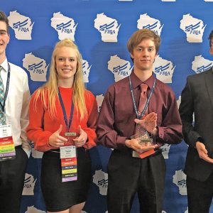 COLFAX FBLA MEMBERS received recognition at the State Leadership Conference held April 8-9 in Green Bay. Pictured, from left to right, are: Drew Gibson, 7th place in Intro to Public Speaking; Taylor Meyer, 5th place in Spreadsheet Applications; Edward Doerr, 5th place in Computer Applications; and Mitchell Reisdorf, 3rd place in Mobile Application Development. Mitchell qualified for the national competition. —photo submitted