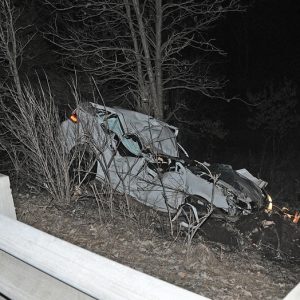 DEADLY CRASH — Brian T. Foster, 35 of Hudson and the driver of the heavily damaged 2011 Ford Focus pictured above, died from injuries caused in this single-vehcile accident that happened the evening of March 27 on State Highway 35 in St. Joseph Township near Hudson. —photo submitted