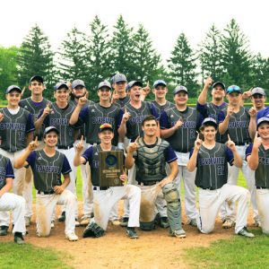 WE ARE #1 — Players and coaches of the Boyceville "Bulldogs" Baseball Team celebrated its sectional championship it won Tuesday evening, June 4 by holding up their index fingers to indicated they were number. Boyceville captured the WIAA Division 3 Chippewa Falls Sectional title by defeating Neillsville 2-0 in the semifinal and then trounced the Beavers of Cumberland 13-2 in five innings in championship contest to earn the programs first state berth since 2000. —photo by Jess Boesl, Boesl Portrait Design