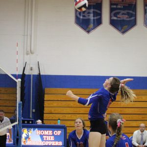 GCVB Prescott Kassidi Thompson up for the kill, #12 Delaney Fayerweather & #4 Bella Rassbach covering