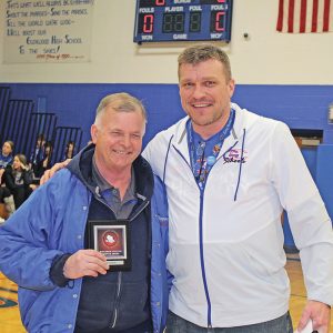 Bob Swanepoel recieves Wisconsin Athletic Directors' Service Award, photo with Patrick Gretzlock
