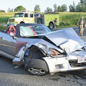 THE DRIVER of this Honda S2000 convertible, Walter Mauser of Somerset, was able to walk away from this accident that happened early Sunday evening, August 16 in the Town of Glenwood. Mauser stated that he was traveling north along State Highway 128 when a van, driven by a unidentified young lady, traveling on 160th Avenue failed to yield at the stop sign and was t-boned by Mauser. The van came to rest in the northwest ditch of the intersection while Mauser’s vehicle remained on the roadway. Fortunately, no serious injuries were reported from the accident that occurred around 6:30 p.m. Both drivers were the lone occupants of their respective vehicles. Agencies responding to the scene included the Glenwood City Fire Department and EMS, the St. Croix County Sheriff’s Office and the Wisconsin State Patrol. —photo by Shawn DeWitt