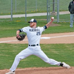 HISTORY MAKER — James Palmer (above), UW-Stout senior pitcher and Boyceville graduate, recently became the first Stout baseball player in history to record a complete-game no-hitter during agame against UW-Platteville. —photo courtesy of UW-Stout Sports Information