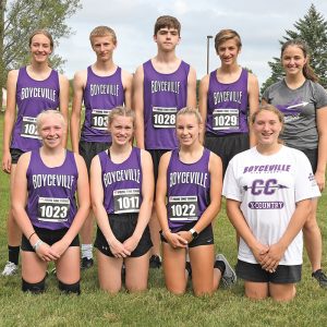 BOYCEVILLE HIGH SCHOOL cross country teams began the season last Wednesday at their home invitational. 2021 team members are pictured above. Back row (L to R): Haylie Rasmussen, Dean Olson, Aidan Madison, Michael Montgomery and Rachael Montgomery. Front row (L to R): Sarah Stoveren, Lauren Becker, Jaden Stevens and Sara Bauer. —photo by Shawn DeWitt
