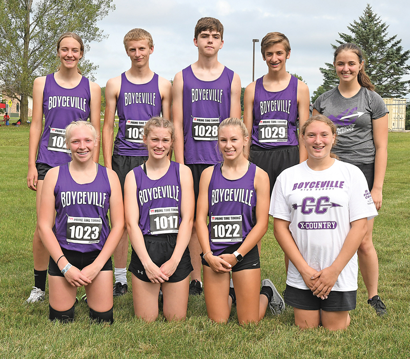 BOYCEVILLE HIGH SCHOOL cross country teams began the season last Wednesday at their home invitational. 2021 team members are pictured above. Back row (L to R): Haylie Rasmussen, Dean Olson, Aidan Madison, Michael Montgomery and Rachael Montgomery. Front row (L to R): Sarah Stoveren, Lauren Becker, Jaden Stevens and Sara Bauer. —photo by Shawn DeWitt