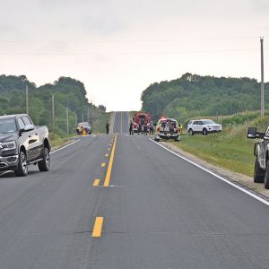 TWO PEOPLE were seriously injured when an ATV pulling a trailer was struck from behind by a pick-up truck last Thursday afternoon, August 5 on County Road E near 290th Street in the Town of Springfield. John and Pamela Jarvis of Glenwood City sustained life-threatening injuries when the ATV they were on was hit by a Ram pick-up truck driven by Jessica Hansen of Menomonie. The Jarvises were transported to Regions Hospital in St. Paul, MN for treatment of their injuries. —photo by the St. Croix County Sheriff’s Department