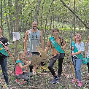 Local Glenwood City Bait and Bow shop owner Sean Lybert shared his archery expertise with the local Girl Scout Troop on his new 3D target range, they all hit targets by the end of the lesson. —photo submitted