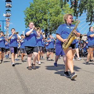 THE GLENWOOD CITY MARCHING HILLTOPPERS performed Sunday in St. Paul at the Minnesota Sate Fair. The picture was taken while they marched on Cosgrove Street near the 4-H building on the fairgrounds. —photo by Michelle Leonard