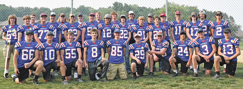 THE GLENWOOD CITY Football team will open its 2021 season this Thursday, August 19 with a non-conference road game against Spencer/Columbus Catholic. The above photo was taken during Glenwood City’s National Night Out celebration held August 3 where the squad volunteered to help with the event. Front row (L to R): Marcis DeSmith, Max Janson, Noah Brite, Vinny Wheeler, Esdyn Swenby, Logan McVeigh, Jackson Logghe, Mitchell McGee, Andrew Blaser and Zach Hill. Middle row (L to R): Jonas Draxler, Tucker Augeson, Charlie Lamb, Wyatt Thompson, Steven Booth, Blake Fayerweather, Mitchell Bliese, Morgan Eggert, Peyton Rassbach, James Knight, Jaydin Quinn and Bryce Wickman. Back row (L to R): Will Standaert, Trenton McNamara, Collin Lavalley, Owen Swenby, Thomas Moede, Brett Peterson, Gabe Knops, Brady McCarthy and Aaron Brigham. —photo by Shawn DeWitt 