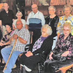 THE BOYCEVILLE High School Class of 1950 met on August 23 for their 71st class reunion. They met at the Wilson Creek Inn in Menomonie at 11 a.m. for social hour and enjoyed a noon meal together. Classmates, spouses, and friends were glad to be together again. Pictured are front row left to right, Audrey Upthall Anderson, Adrienne Elstad Evan, Art Sigaurd Sorenson, Patricia Canfield Schoonover, and Marie Wallen Rositzki. Back row: Lyle “Jr” Hight, Orlean Manning Kovach, William Brengman, Helen Bjorkman Rosen, Delphine Johnson Danovsky, and Elsie Benitz Miller. —photo submitted