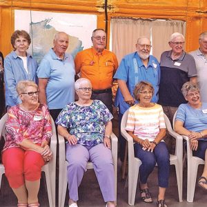 THE GRADUATING CLASS OF 1961 from Boyceville High School celebrated its 60th class reunionAugust 25th in an airplane hangar on the Knapp area farm of Ron and Mary Purvis. Front row (L to R): Roberta (Lentz) Cochrane, Mary Ellen (Anderson) McIntyre, Mary (Riek) Lagerstrom, Carla (Suneson) Klingman, Mary (Noland) Gray and Jim Andrews. Back row (L to R): Charlene Pitzrick, JoAnn (Reetz) Klefstad, Pam Nosko, Don Heifner, Ron Purvis, Gary Harnisch, Gary Weber, Jerry Smith and Marlow Solberg. Martha Pakan is not pictured but was at the reunion but left before the photo was taken. —photo submitted