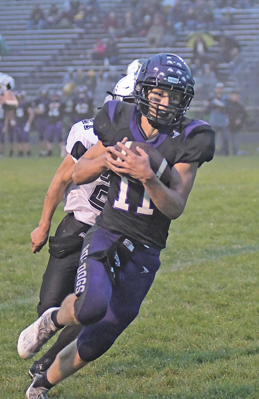 SIX-POINT RECEPTION — Senior receiver Jacob Granley cradled this pass from Ira Bialzik in the first quarter of Boyceville’s home conference opener versus Cadott last Friday evening, September 3. Granley scored a touchdown on the 26-yard pass play to help the Bulldogs defeat the Hornets 50-22. —photo by Shawn DeWitt 