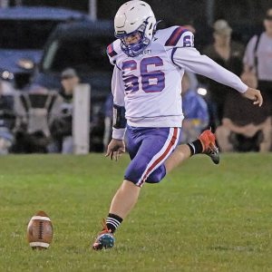 GLENWOOD CITY placekicker Marcis DeSmith stepped into a kickoff in Spring Valley last Friday, September 17. DeSmith also booted a 38-yard field goal at the end of the first half. —photo by Jacob Maes Photography