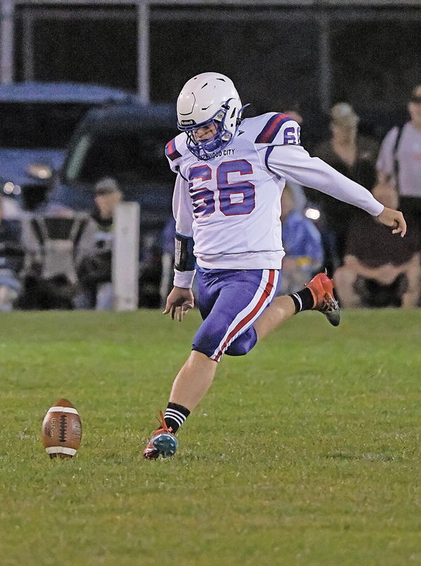 GLENWOOD CITY placekicker Marcis DeSmith stepped into a kickoff in Spring Valley last Friday, September 17. DeSmith also booted a 38-yard field goal at the end of the first half. —photo by Jacob Maes Photography