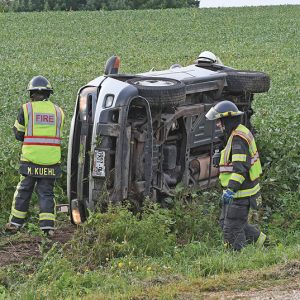 The driver of this car, Alix Rae Nelson, 25, of Clayton was transported by the Glenwood City Ambulance following an accident after she lost control of her vehicle and rolled over into the ditch on State Highway 128 at 152 Avenue in Glenwood Township at 8:52 a.m. Thursday, September 2nd. Nelson passengers, a two-year-old boy and two dogs were not injured in the accident. The Wisconsin State Patrol handled the investigation of the accident and was assisted by the Glenwood City Police, St. Croix County Sheriff’s office, Glenwood City Ambulance and Fire. —photo by Shawn DeWitt