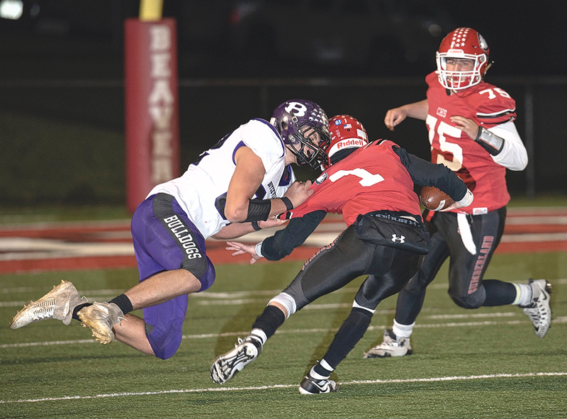 BOYCEVILLE’S John Klefstad gets passed the Cumberland defense and sacks Beavers’ quarterback Maddux Allen which would later force Cumberland to punt the ball. —photo by Josh Johnson