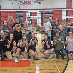 THE BOYCEVILLE FFA competed in the Amery FFA volleyball tournament held on Tuesday, November 9th at Amery High School. Eighteen Boyceville FFA members attended, making three competing teams. One team, consisting of Ali McRoberts, Andrea Jensen, Chase Hollister, Simon Evenson, Olivia Ponath and Kaitlyn Mittlestadt, won the tournament defeating Flambeau FFA in double elimination. Other FFA chapters in attendance included Amery, Cameron, Bloomer, Osceola, Spooner, Flambeau, and Cumberland. Boyceville took home the highly sought after traveling trophy; a 45-year-old mounted raccoon, which will be back up for grabs in the 2022 Amery tournament. —photo submitted