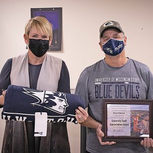 Rance Pederson, right, with Chancellor Katherine Frank receiving the November University Staff Senate Appreciation Award. —photo submitted