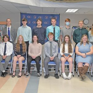 17 NEW MEMBERS were inducted into the Glenwood City Chapter of the National Honor Society during a ceremony held Wednesday, December 15 in the commons area. Front row (L to R): Brendan Booth, Ian Radintz, Kendall Schutz, Samantha Peterson, Brady McCarthy, Aubree Logghe, Alyssa Fouks and Brooklyn Caress. Back row (L to R): Isabella Simmons, JJ Williams, Blake Wakeling, Drew Olson, Elek Anderson, Owen Bauman, Nicholas Hierlmeier, Amalia Draxler and Lindsey Bazille. —photo by Shawn DeWitt