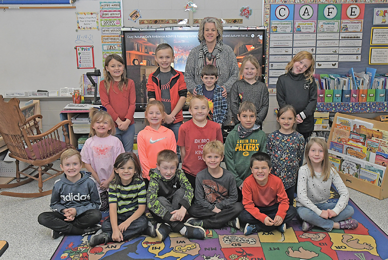 MRS. KINBLOM’S 2ND GRADE CLASS — Front row (L to R): Eliot Woods, Jax Lindemann, Logan Micheels, Chase Miller, Caleb Parish and Layah Wilkins. Middle row (L to R): Natalie Hurt, Sawyer Jasperson, Joshua Kopp, Evan Kopp-Santos and Blakely Koser. Back row (L to R): Willow Badeau, Bowyn Brostrom, Elijah Carrillo, Mrs. Kinblom, Kairi Gasner and Aurora Hudson. Not pictured is Peyton Nordquist. —photo by Shawn DeWitt