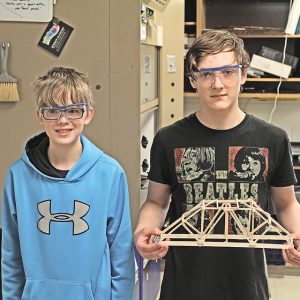 THIS season, at the Middle School level, students can compete in the Bridges event. Showing their design are 7th graders Brady Rasmussen (left) and Liam Moore-Girard (right).—photo by Steve Duerst