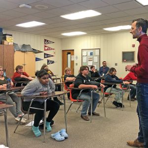 HUMAN TRAFFICKING — Matt Kendziera, national program specialist for Fierce Freedom out of Eau Claire, spoke to English classes at Colfax High School on December 15 about human trafficking as part of the “Worth It” program, which helps students to understand what human trafficking is and how to prevent it from happening. Human trafficking is the fastest growing criminal enterprise in the world. It is often thought of as something that happens in third world countries, but the reality is that it is happening in communities everywhere. Colfax resident Jenny Almquist is the co-founder and executive director of Fierce Freedom. —photo submitted