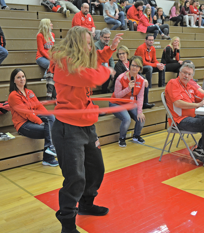 HOOLA-HOOP — Senior Rachel Knutson works the hoola-hoop in the Mr. and Ms. Colfax Secret Challenge at the Colfax High School Winter Carnival the afternoon of February 8. —photo by LeAnn R. Ralph