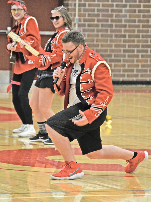 THEY’VE GOT TALENT — Marcus Drees, a junior at Colfax High School, performing in the talent portion of the Mr. and Ms. Colfax competition at the Colfax High School Winter Carnival the afternoon of February 8. Next to him is his Ms. Colfax partner, junior Tori Hill. —photo by LeAnn R. Ralph