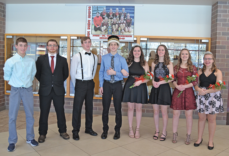 MR. AND MS. COLFAX — Caden Erickson, sophomore, and Emmie Edwards, senior, were crowned Mr. and Mr. Colfax at the Colfax High School Winter Carnival February 8. The Winter Carnival Court from left: Bryce Sikora (freshman); Marcus Dress (junior); Trevor Rothbauer (senior); Caden Erickson and Emmie Edwards; Abby Irwin (sophomore); Tori Hill (junior); and Jessica Charlesworth (freshman).—photo by LeAnn R. Ralph